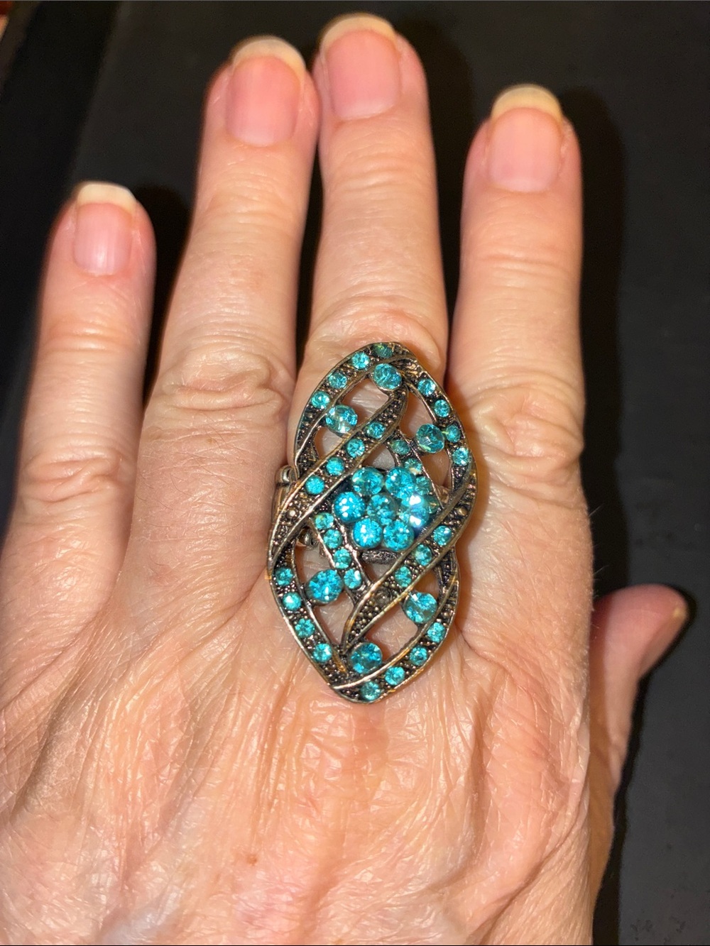 Turquoise Crystal Openwork Statement Stretch Ring. Smaller Blue Crystals Adorn